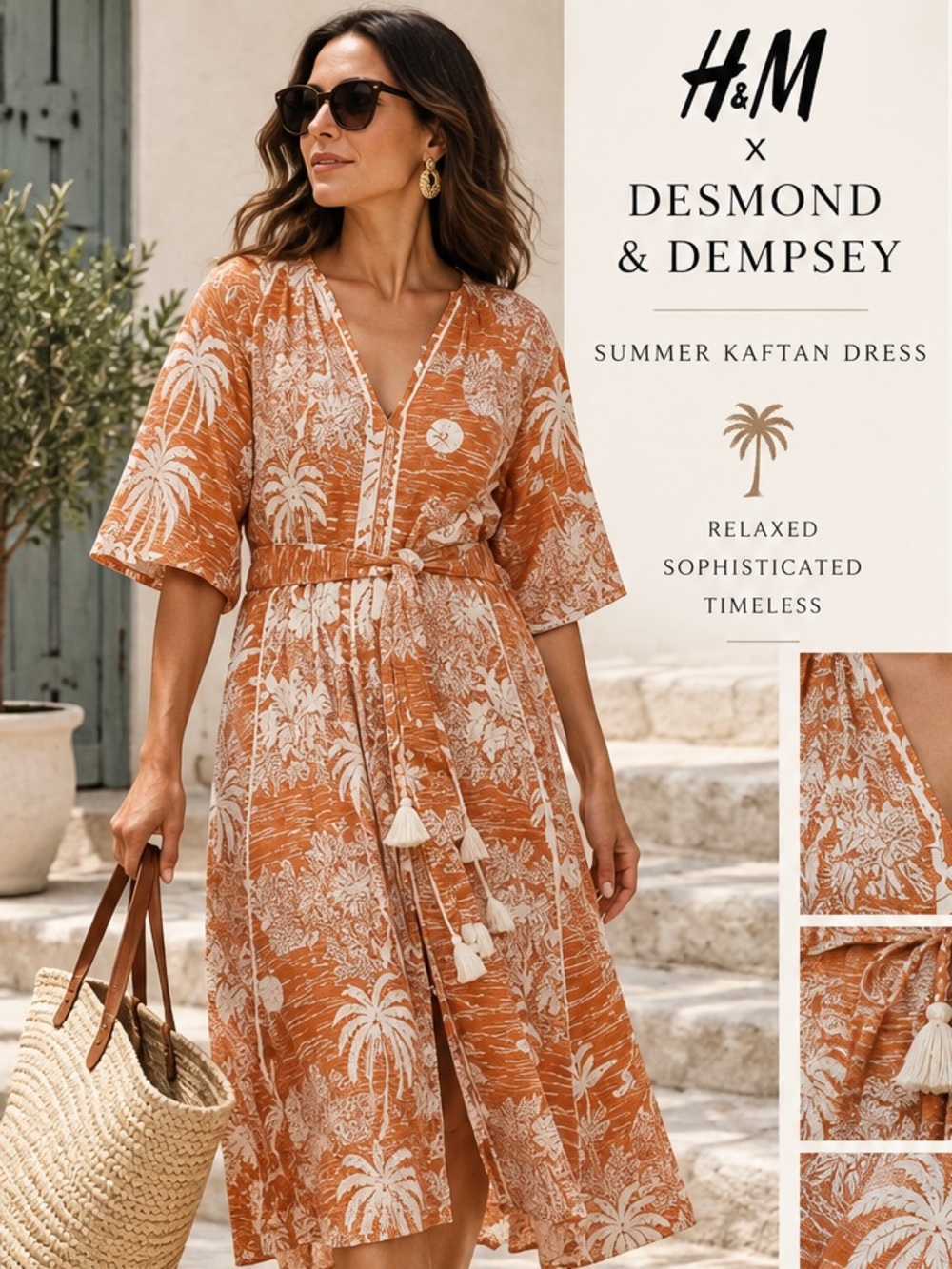 H&M Orange Palm-Print Midi Kaftan Dress